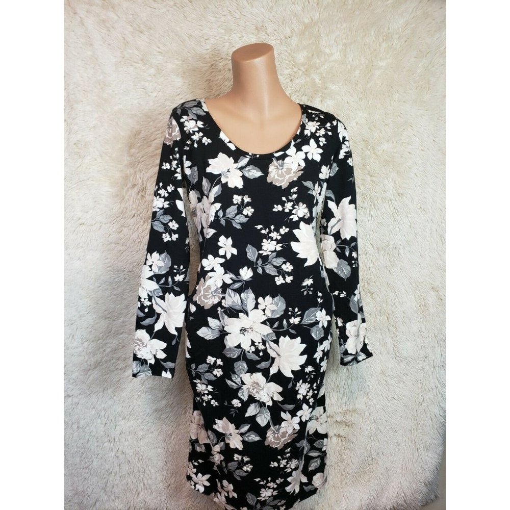 Old Navy Maternity Size M Fitted Bodycon Dress Black Floral L/S Stretch D